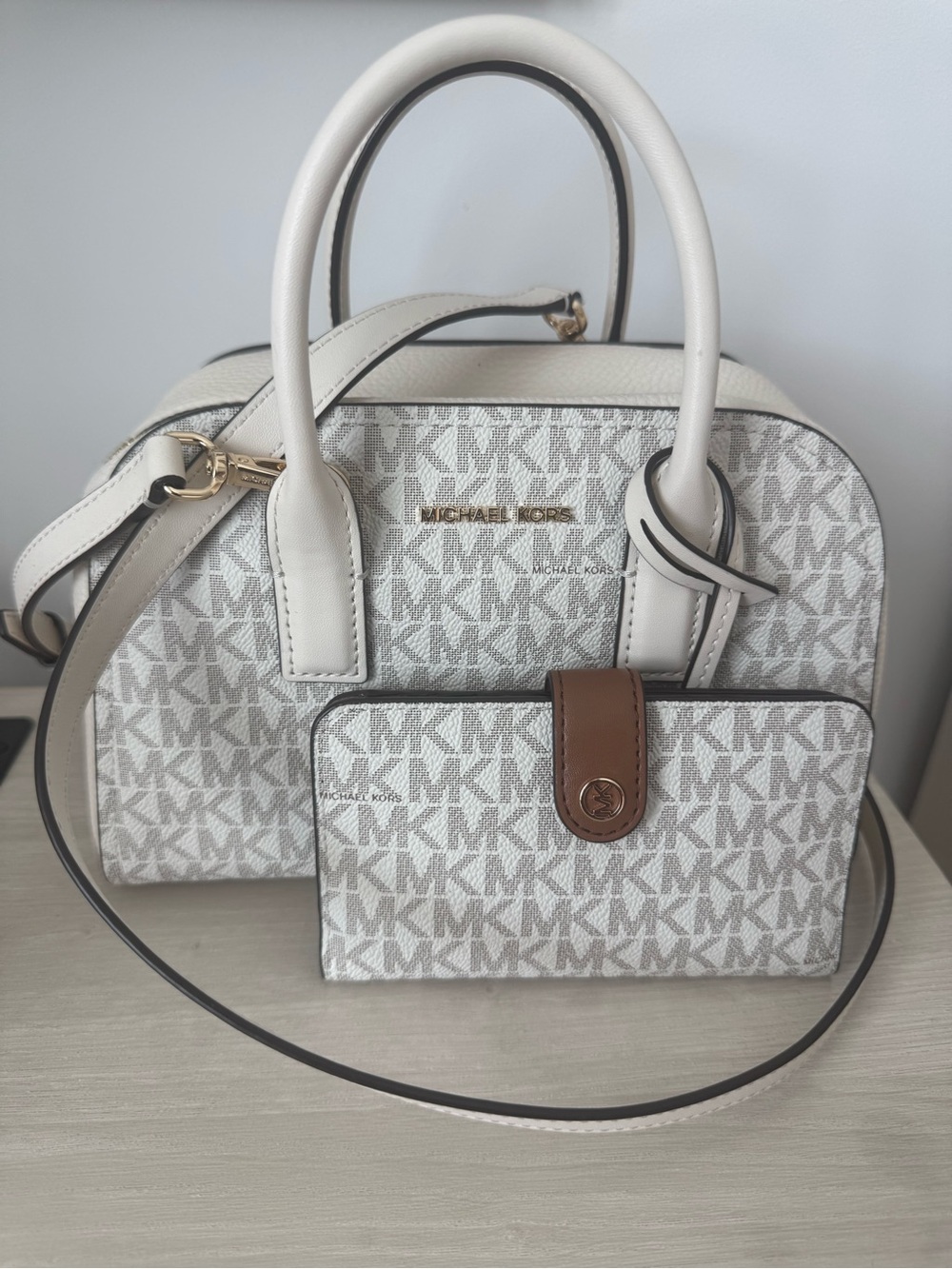 Michael Kors White Logo Dome Satchel with Brown-Trim Wallet